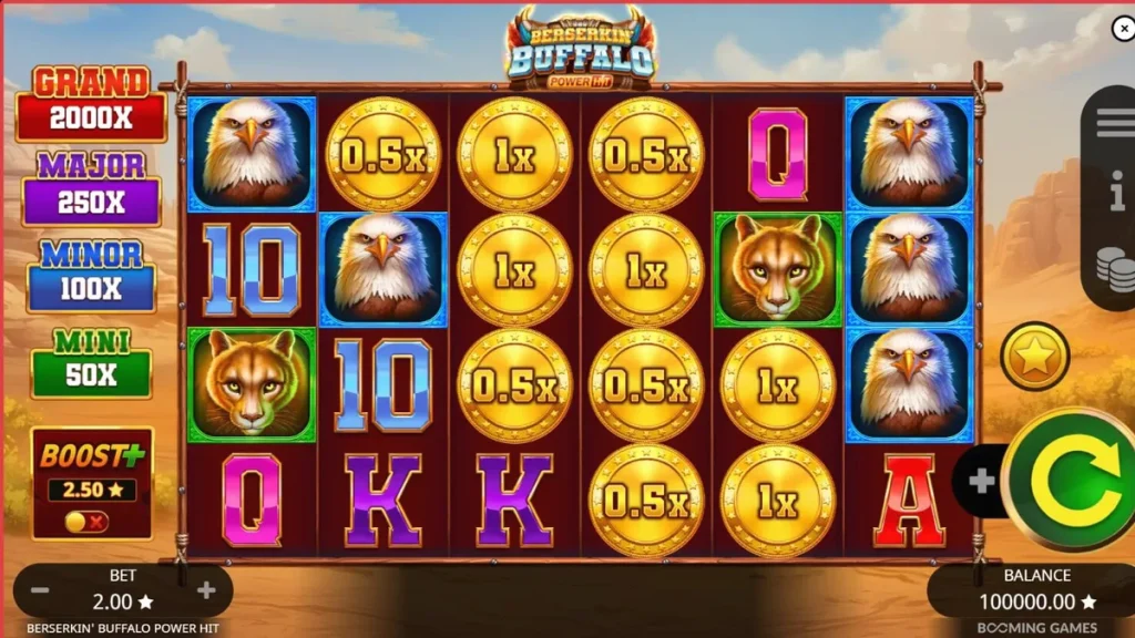 Tampilan layar utama slot Beserkin’ Buffalo Power Hit dengan simbol hewan liar dan latar belakang badai.