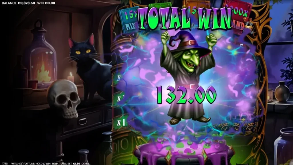 Tampilan visual slot Witches’ Fortune: Hold and Win dengan elemen sihir dan ramuan.