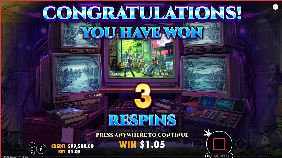 Tampilan visual slot Harvest Moon Grave Profits dengan tema konspirasi sci-fi yang gelap.