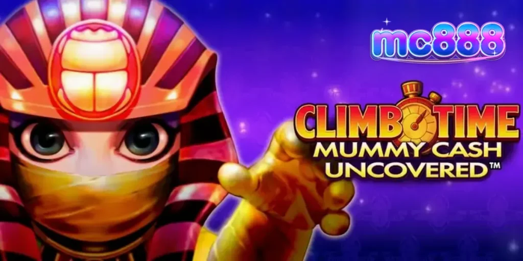 Tampilan visual slot Climb Time Mummy Cash Uncovered dengan nuansa malam Mesir yang futuristik